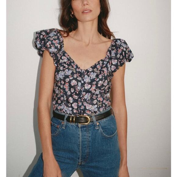 NATION LTD Angel Top Womens Small Floral Print Charcoal Gray Puff Sleeve Button - Picture 1 of 16